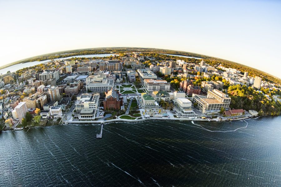 Lake Mendota and the University of Wisconsin-Madison campus, including the Memorial Union Terrace, are pictured in an early morning aerial taken from a helicopter.